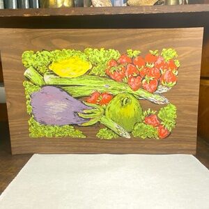 Mid Century Plastic Woodgrain Tray Colorful Fruit Vegetable Kitchen Art 11 x 17